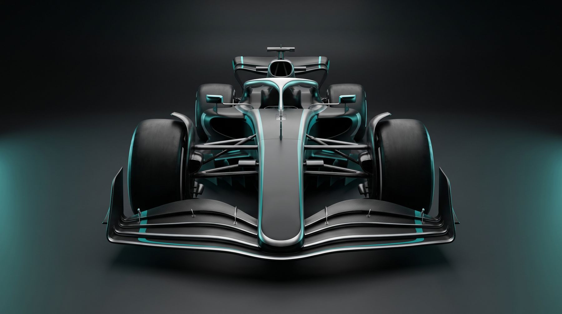 Formula 1 car, head-on front view in a dark studio